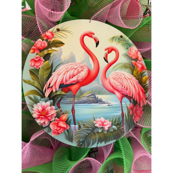 Pink Flamingo Mesh Ribbon Tropical Spring & Summer Wreath Front Door Hanger - Picture 2 of 7